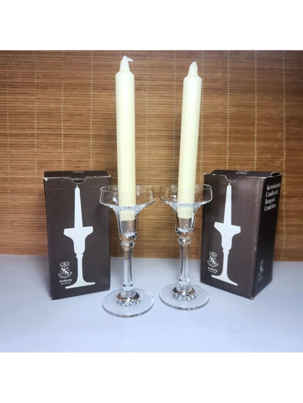 Vintage Candle Holders Germany Clear Glass Pair (2) In Box Sophienthal Amberg
